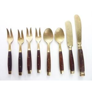 Vintage MCM Fork Brass Wood Utensils Spoon Spreading Mid Century Modern